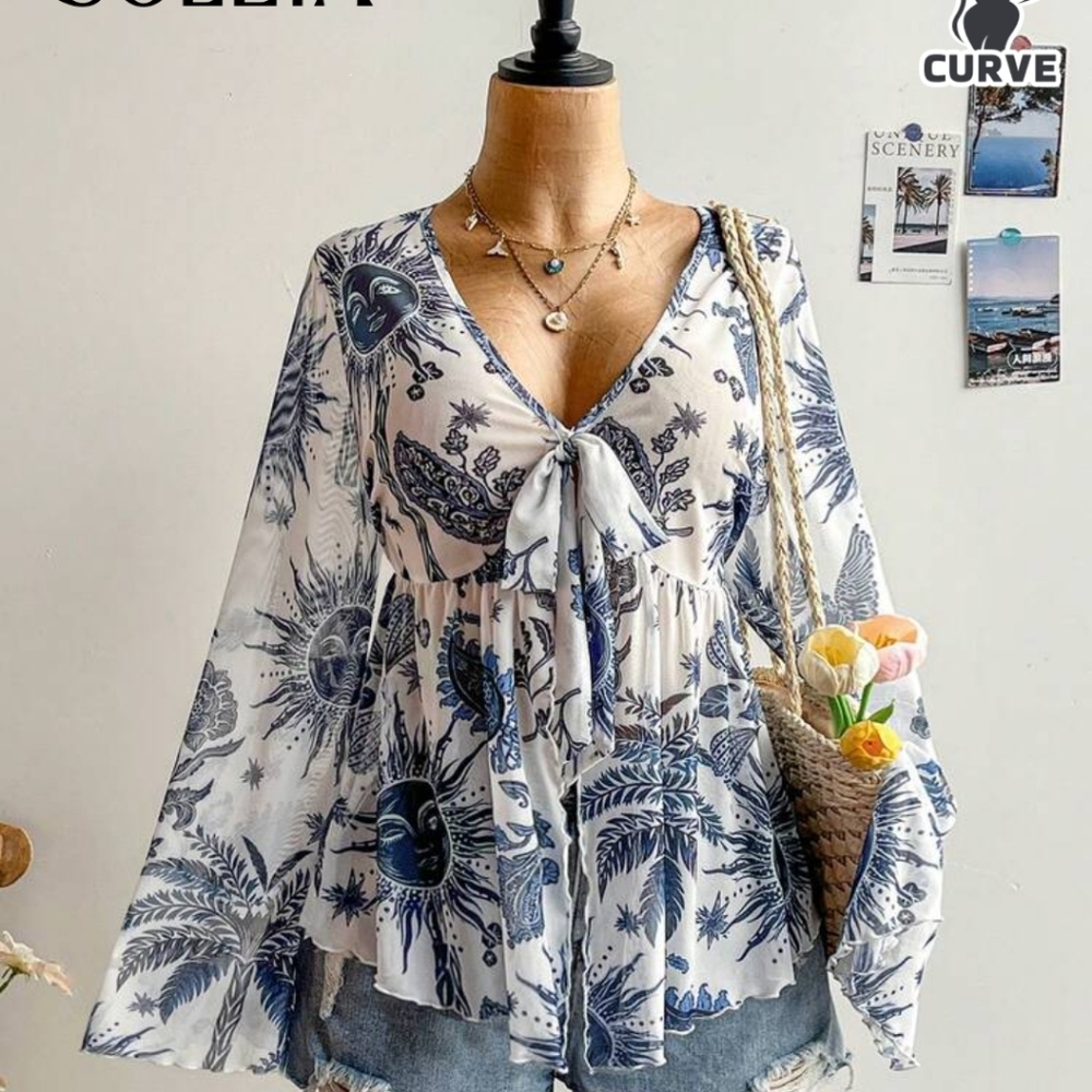 Plus Size Women's Vacation Knit Mesh Vintage Floral Pattern V-Neck Long Sleeve F